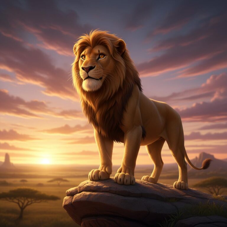 סימבה ממלך האריות עומד בגאווה על סלע גבוה