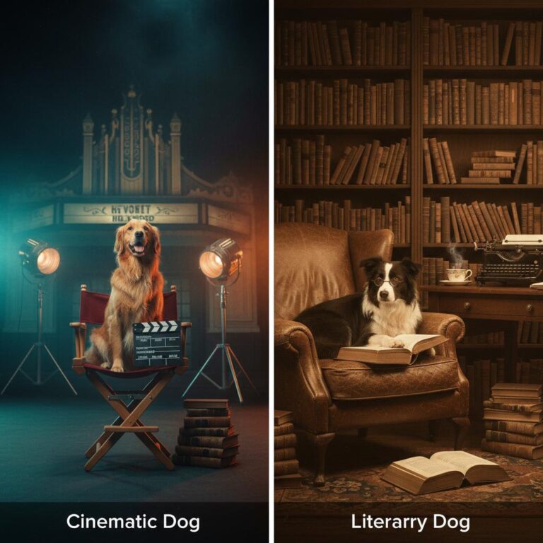 כלבה מחזיקה מצלמת קולנוע וספרים