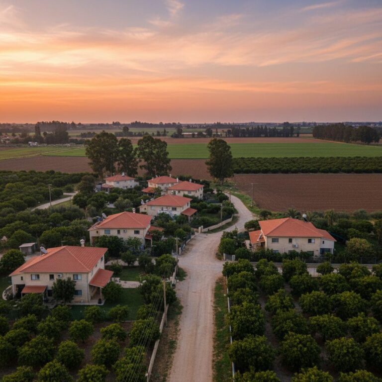 בתים חקלאיים מוקפים עצי זית ושדות