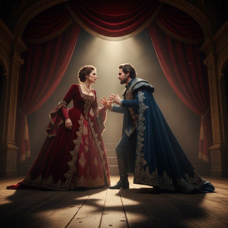 שני שחקנים נלחמים על במה חשוכה