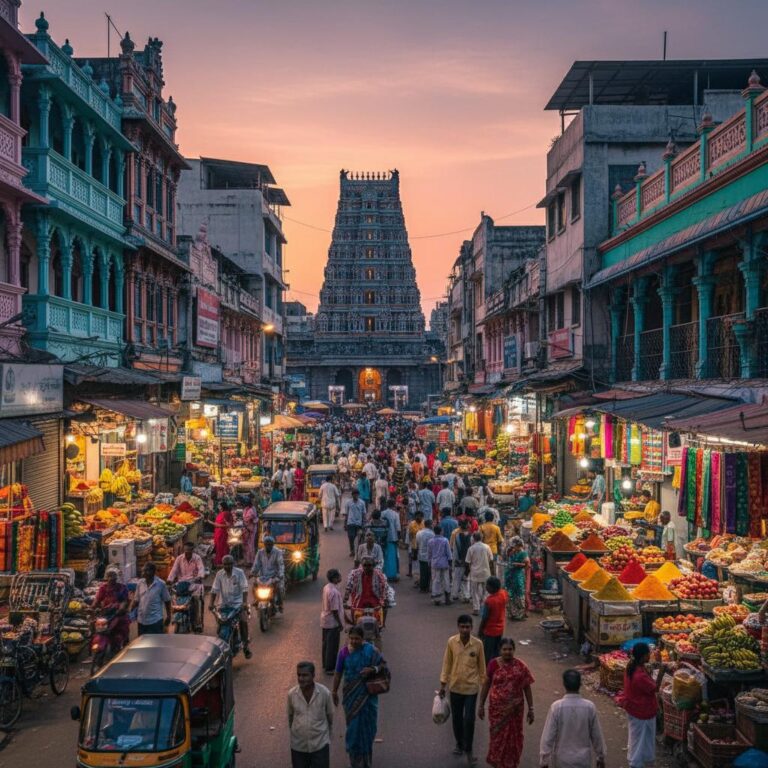 Bustling market street in Indian city.