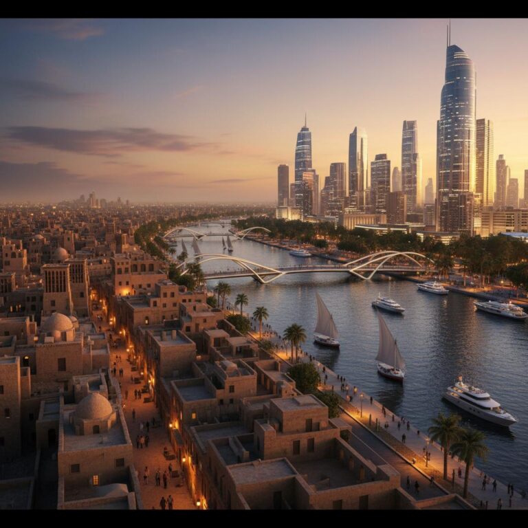 חזית מבנים עירוניים מצריים על נהר