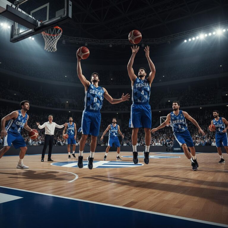 שחקני קבוצת כדורסל יוונית על המגרש.