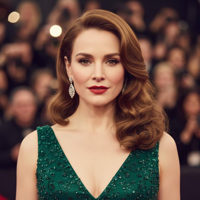 שחקנית קולנוע אמריקאית מחייכת למצלמה