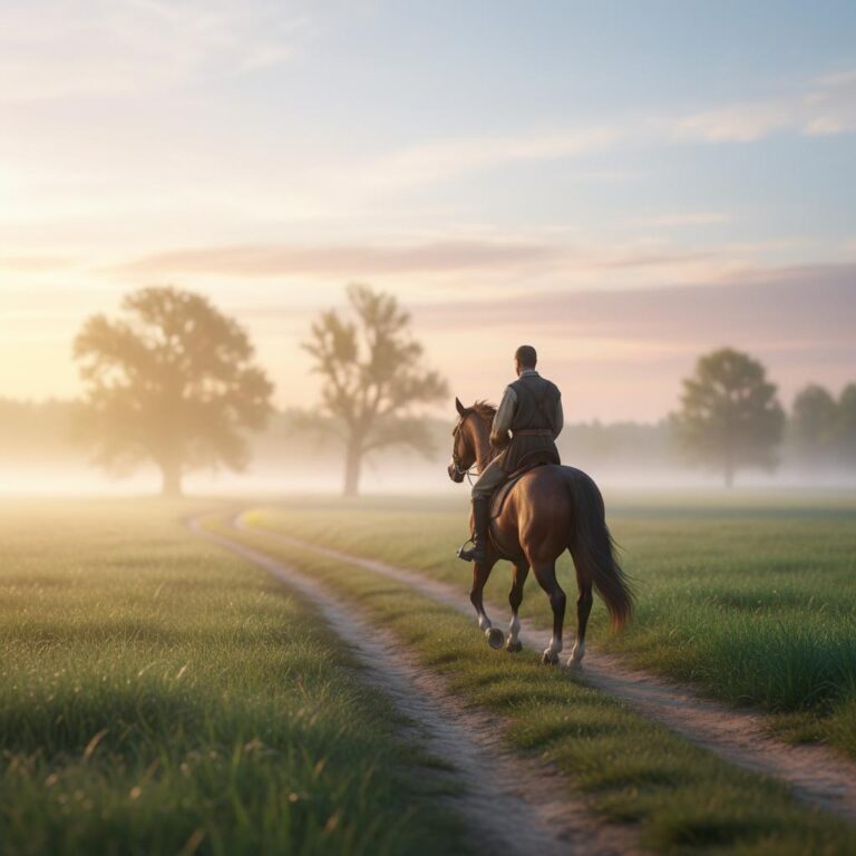 רוכב על סוס בשדה בזריחת שמש