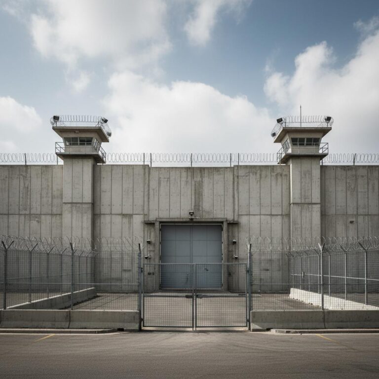 מבנה כלא מוקף בגדר תיל דוקרני