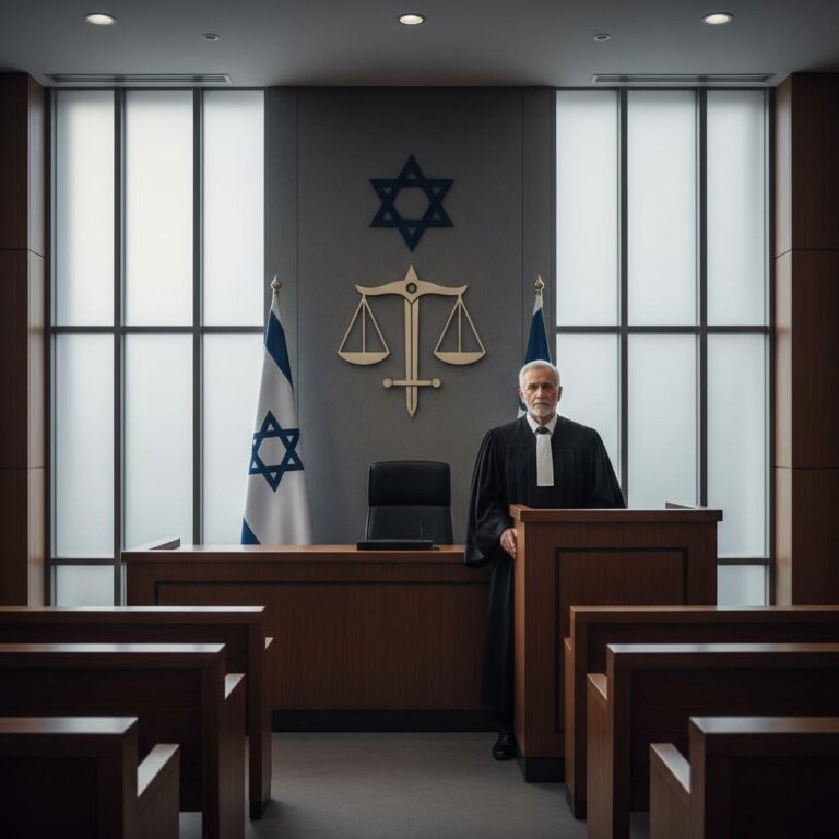 שופט יושב בדוכן עץ בבית משפט