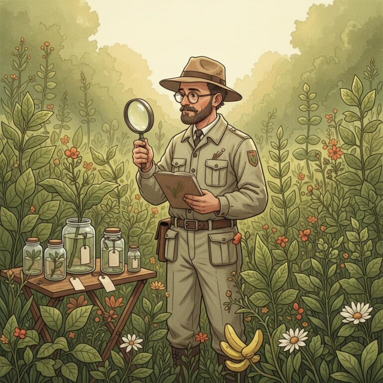 חוקר צמחים בוחן עלים בזכוכית מגדלת