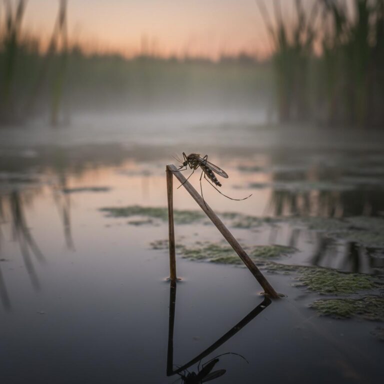 יתוש יושב על עלה מעל ביצות