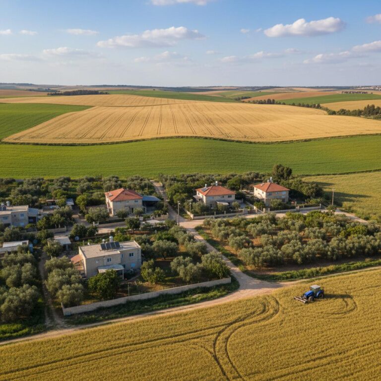 נוף מושב כפרי מוקף שדות ירוקים