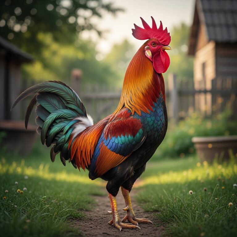 תרנגול זן צבעוני עם זנב מורם