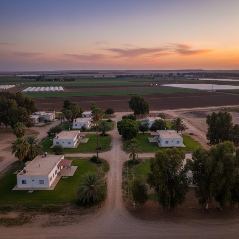 בתים לבנים מוקפים צמחייה במדבר בנגב