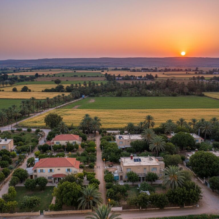 קיבוץ חקלאי מול נוף עמק הירדן