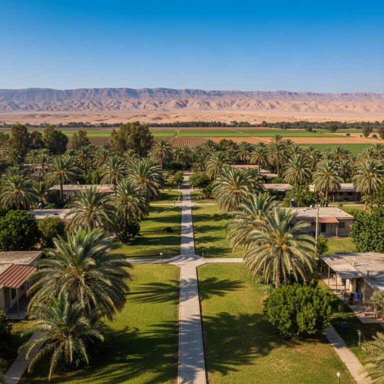 קיבוץ בערבה מוקף נופי מדבר וגבעות